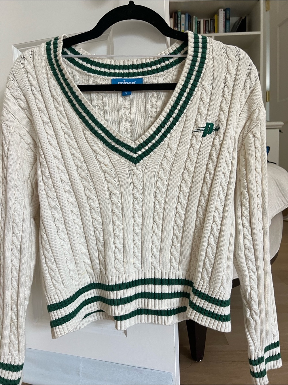 Prince Cream Cable Knit V-Neck Sweater with Green Trim - Picture 6 of 7